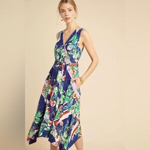 Maeve Anthropologie Spirited Navy Floral Stripe Print Faux Wrap Midi Dre…
